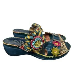 Elite by Corkys Love Wedge Sandals Slides Blue Multicolor Leather Sz 9 NEW Artsy